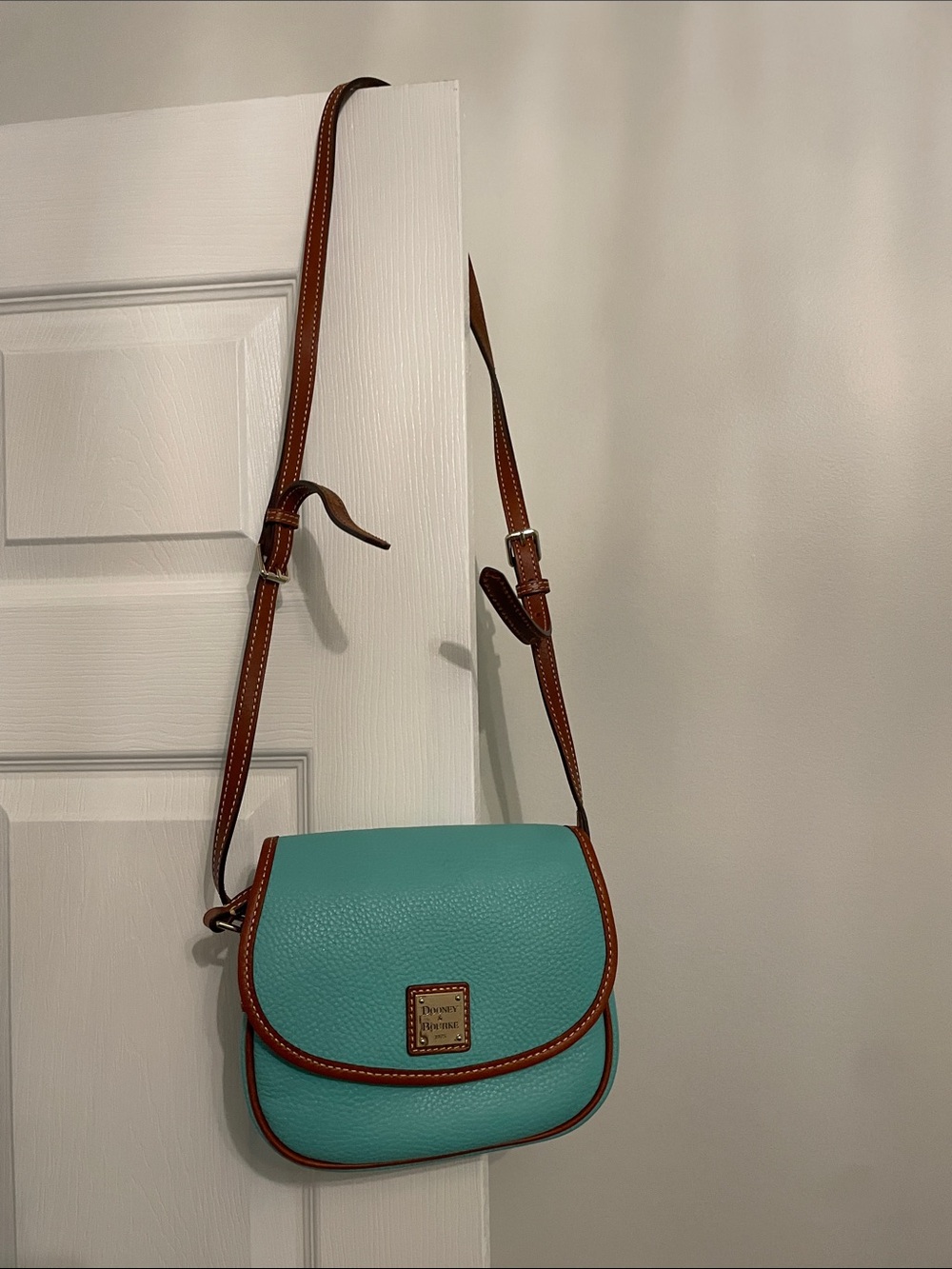 Dooney & Bourke Turquoise Pebbled Leather Crossbody with Tan Trim